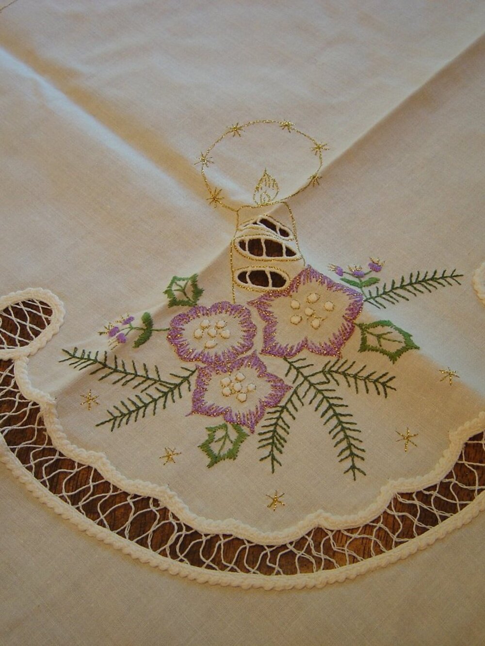 Machine embroidered tablecloth-metallic threads-purple flowers & candles-30"x32"